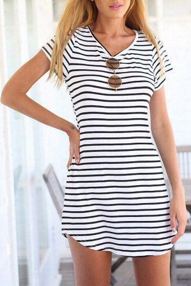 Stylish Striped Short Sleev Edress