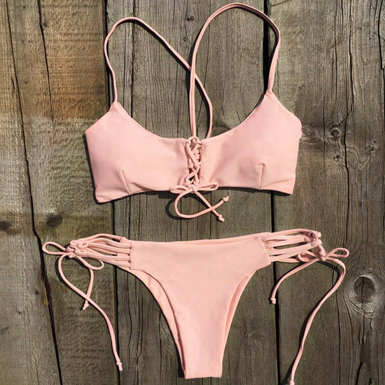 Sweet Peach Lace Up Bikini Set