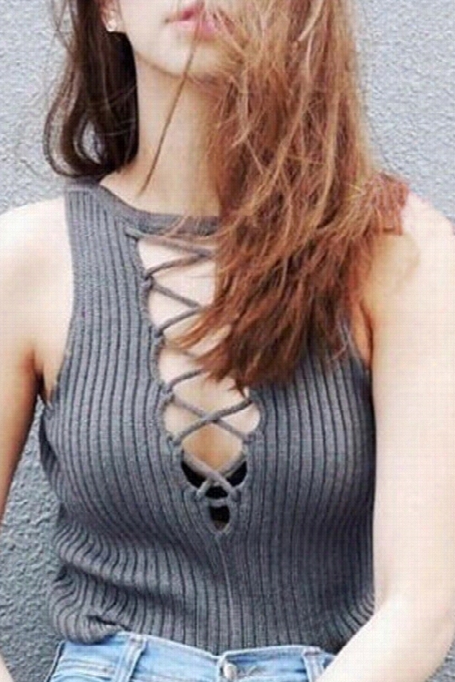 To Be Addored Lace Up Knitting Tank Top