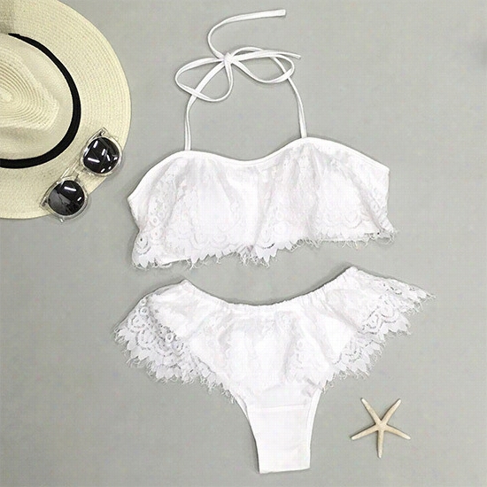 White Swan Lace Halter Bikini Set