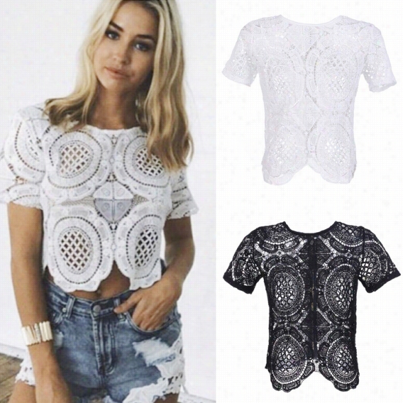 2015 Neest Stylish Lady Sexy Women Ace Casual Short Sleeve O-neck Zipper Short Tops Beach Blou Se Shirt