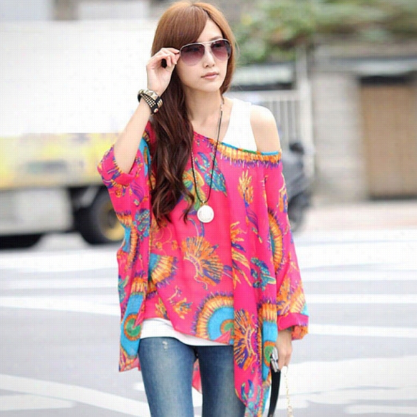 2015 Newest Stylish Lady Women Korean Fashion Bohemia Print 3"4 Sleeve O-neck Loose Chiffon T-shirt