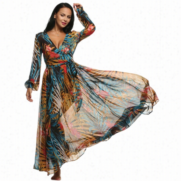 Aceog Lady Women's Fashion Long Sleeve V- Neck Sexy Loose Chiffon Maxi Dress