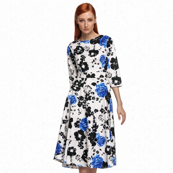 Acevog Stylish Ladies Women O-neck 3"4 Sleeve Full-length  Floral Dress