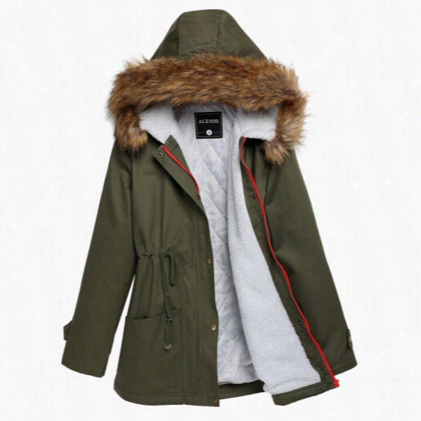 Accevog Women Fashion Casual Zipper Hooded Warm  Faux Fur Long Coat Outwear