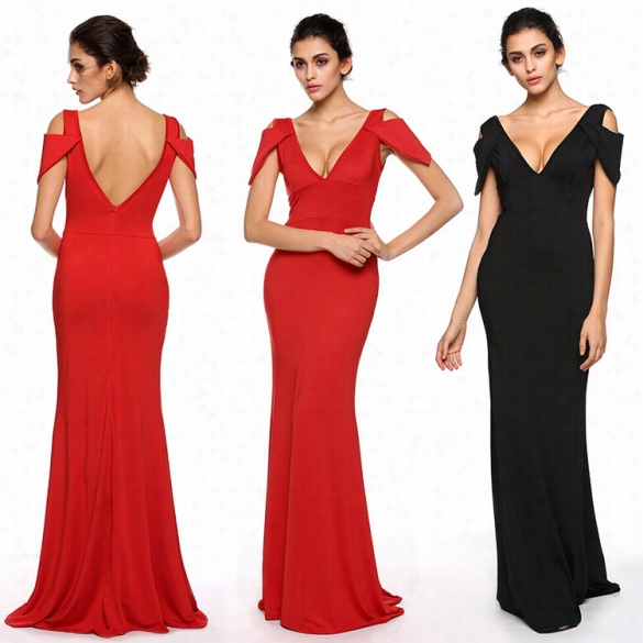 Angvns New  Form Women Elegant Sexy V Neck Off Shoulder High Waist Backless Streth Solid Maxi Long Dress