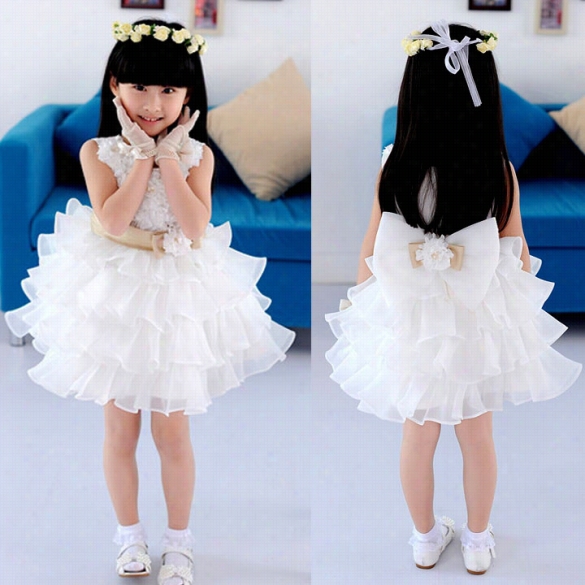 Baby Ig Rl Kids Children's Clothing Dress With Bow Person Yarn Style Flower Layered Dress