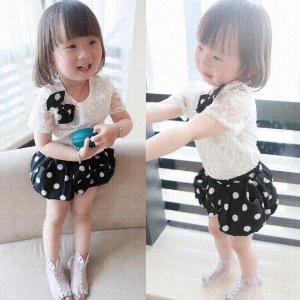 Baby Gurls Cute Bwo Crochet T-shidt Polka Dot Elastic Waist Shorts Suits Outfit Clothes