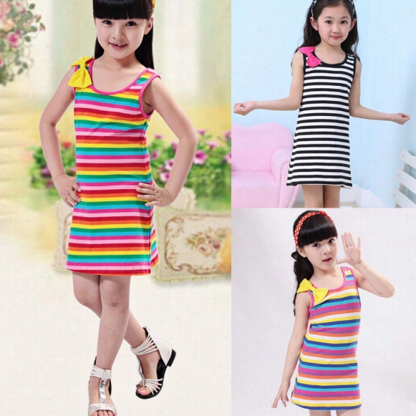 Best  Sale Baby Kids Cihldren Beautiful Girl Wear Casual Cute Sleeveless Stripe Bowknnot Short Vest Dress Sundress