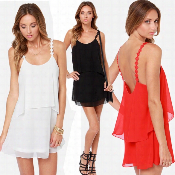 Best Sale New Sexy Women Casual Strap Sleeveless U-neck Backless Layer Chiffon Mini Beach P Arty Dress Sundress