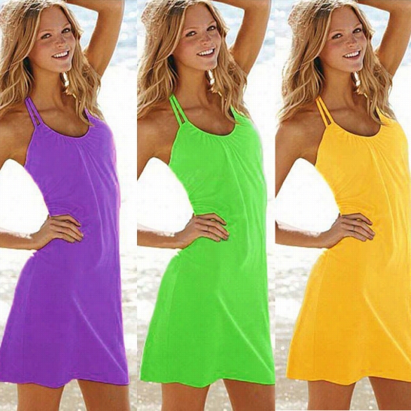 Best Sale Stylish Lady Women Sexy O-neck Sleeveless Halter Bbackless Stretch Bikini Cov Er-up Beach Casual Stretch Dress