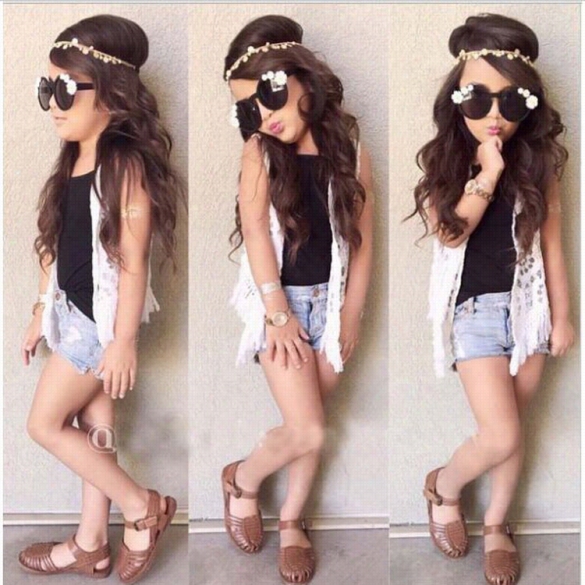 Casual Kids Gir1s Wear Solid Tank Top Lace Crocht Vest Hole Ripped Jeans Shorts Three Composition Set