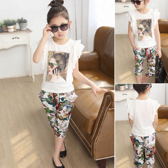 Children Kids Girl's 2pc Casual Pants Set Cap Sleeve Charadter Printed T-shirt And Elastic Waist  Floral Pocckets Pants