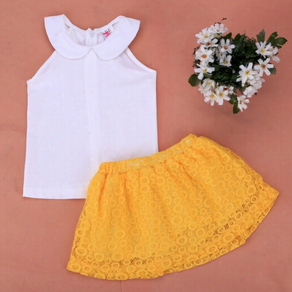 Children Kids Girl's Wear 2pcs Drexs Set Sleeveless Doll Collar Off-shoulder Tops And Elastic Waist Lace Mini Dress