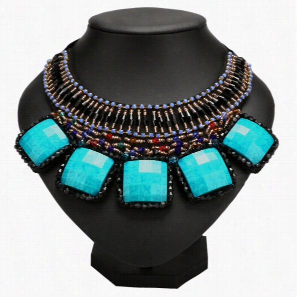 European Style Wommen New Wide Bold Multiple Layers Beaded Square Stone Pendant Necklace