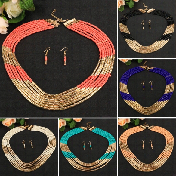 Fasshion African Style Multi Beads Fetter Wide Statement Choker Collar Necklaces With Earrings