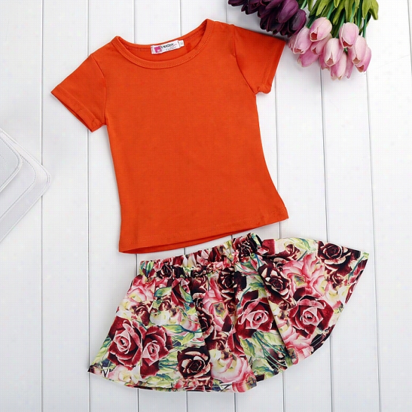 Fsahion Baby Girls Short Sleeve T-shirt  Tops Floral Mini Pleated Skirt Two Piece Set