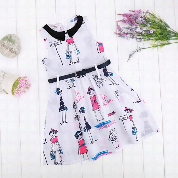 Fashion Children Girls Peter Pan Collar Sleeveless Desrs High Waist Print Sundress With Belt