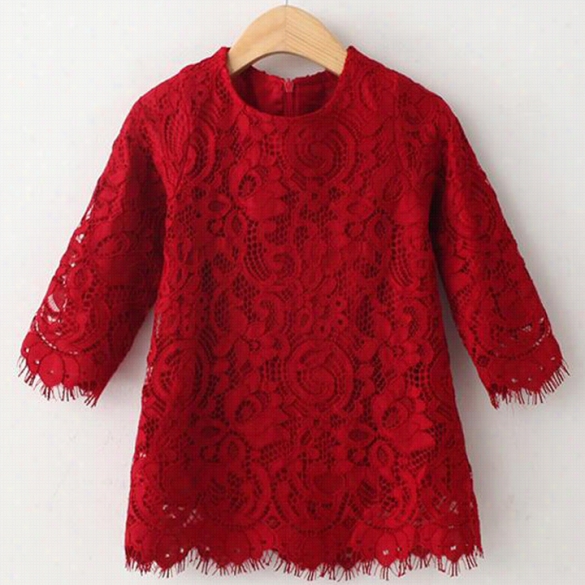 Fashion Kids Gir1s Casual Wearo -neck 3"4 Sleeve Lace Crochet A-line Mini Dre S