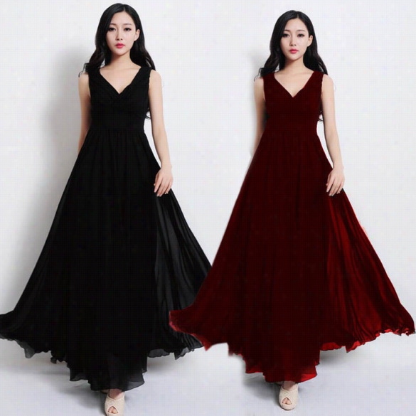 Fash1on Ladies Women Elegant Chiffon V-neck Sleeveelss High Waist Maxi Dress Summer Beach Waer