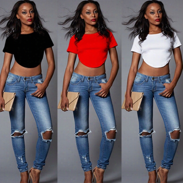 Fashioj Ladies Women Sexys Hort Sleeve Bakcless Stretch Irregular Hem Club Casual Crop Tops