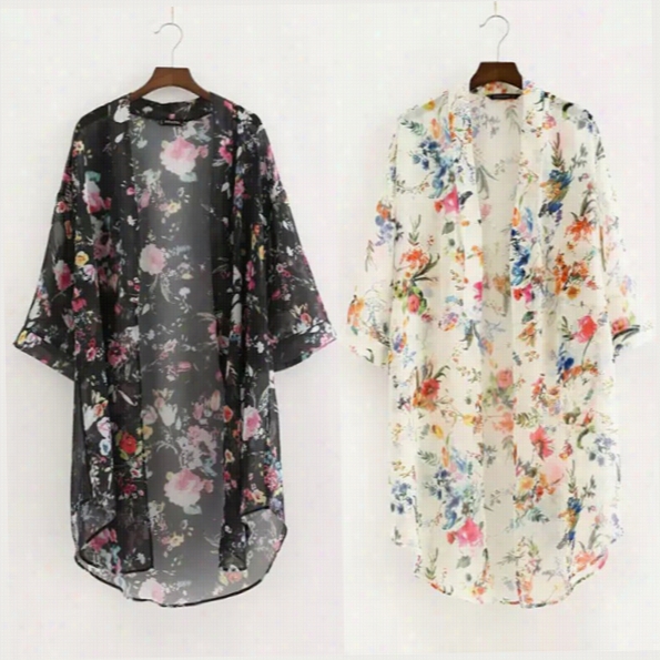 Fashion Lady 3&quto;4 Sleevefront Open Neck Floral Asymmetrix Hem Loose Chiffon Blouse