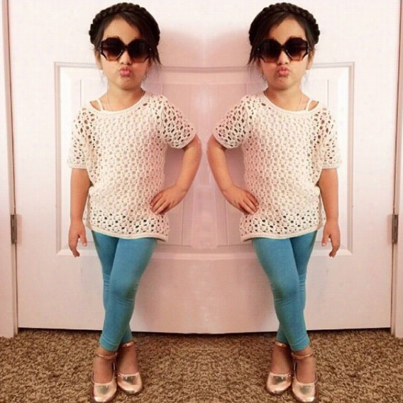 Fashion Summer Childrengirls  Strap Tank Lace Crochet T-shirt Tops Solid Skinny Tight Pants Three Piece Set