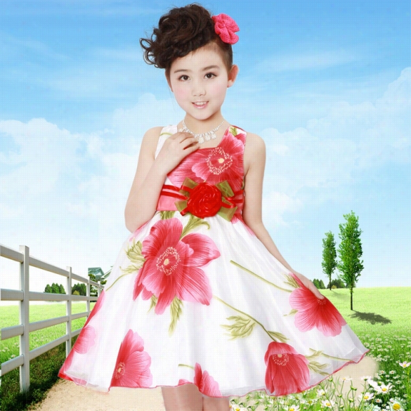 Fashion Summer Kirs Girls Sleeveless High Waist Dress O-neck Floral Applique A-line Sundress