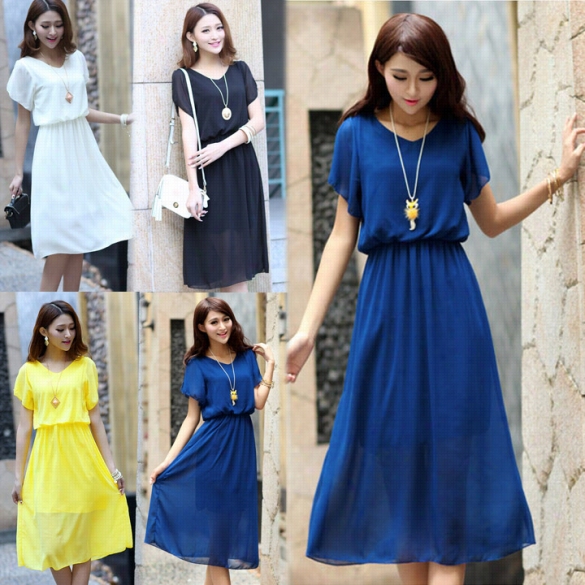 Fashion Wome Ncasual Long Chiffon Ocktailparty Evening Summer Beache Lastic Dres S