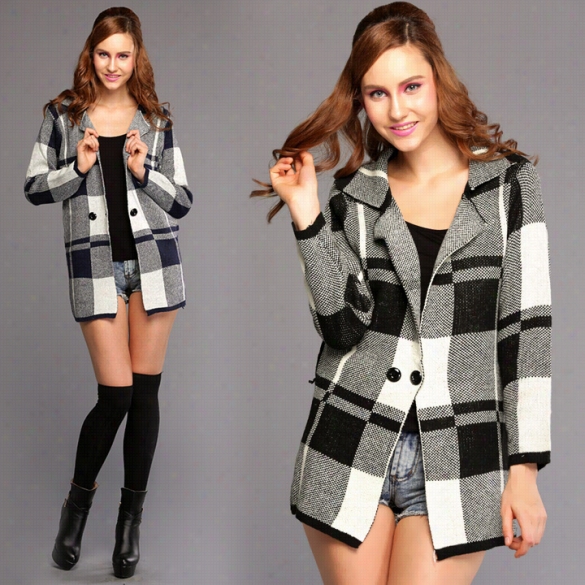 Fashion Women Elegant Plaid Loose Knitwear Cardigan Jacket Coat Sweater Tops