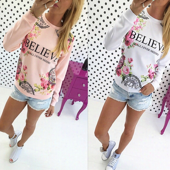 Fashion Women Lady Long Sleeve O Neck Floral Letter Print Casualtop Blouse