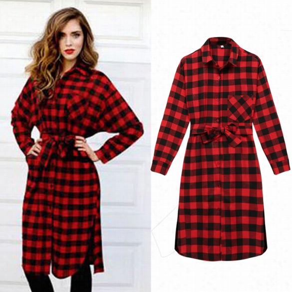 Fashion Women Lady Long Sleeve Plaid Check Straight Tunic Accidental Blouse  Shirt Dress With Girdle