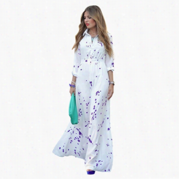 Fashion Women Lapel Long Sleeve High Waist Chiffon Maxi Shirt Adjust Beach Party Wear