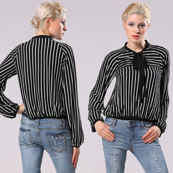 Fashion Women Office Lady Casual Shirt Stripe Long Sleeve Stand Collar Bow  Ite Wear To Work Shirt Blouse