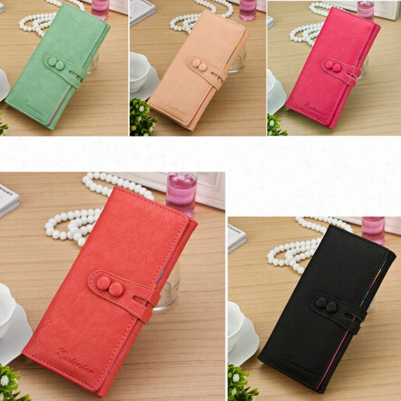 Fashion Women Synthetic Leather Candy Color Bifold Organizer Wallet Long Purse