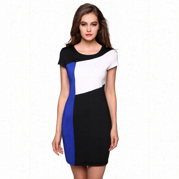 Finejo Ladies Women Cap Sleeve Patchwork Stretch Bodycon Package Hip Casual Party Slim Dress