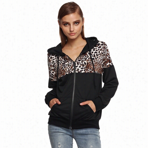 Finejo Stylishw Omen Leopard Stitching Sweaterhsirt Hooded Lo Ng Sleeve Accidental Pullover Hoodie