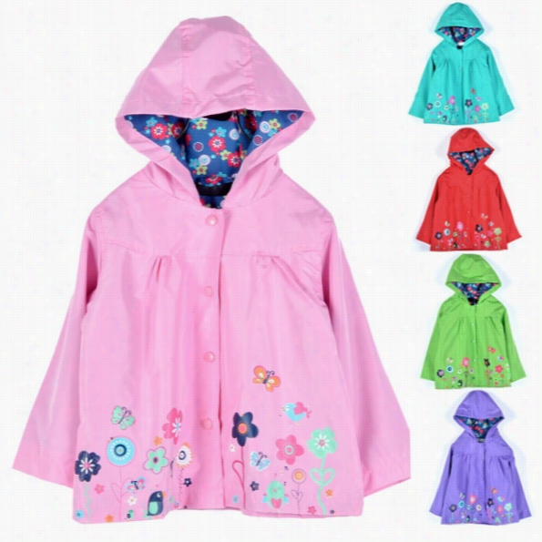 Girl Kids Lovely Flowers Hooded Long Sleeve Waterproof Raincoat Jacket