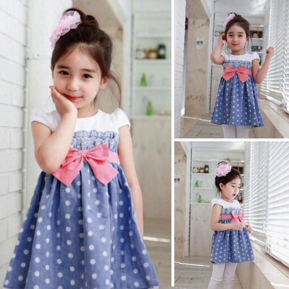 Girls Ids Children Cut O-neck Cap Sleeve Patchwork Bow Casua L Party A-line Dress