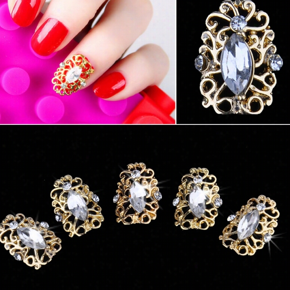 Goldenp Laye 3d Hollow Crysta Lstcikers Metal Alloy Rhinestone Full Nail Skill