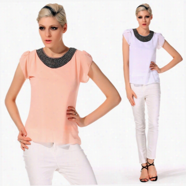 High Quality Fashion Women Butterfly Sleeve Chiffon Blouseb Eaded Collar Shirt Tops