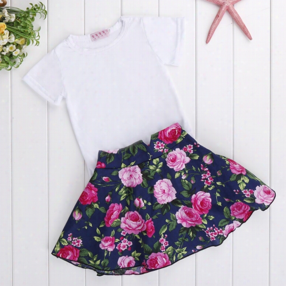 Hig H Quality New Fashion Girl Kids Short Sleeve O-neck Casual Tops Nr Print Fancy Skirt Set