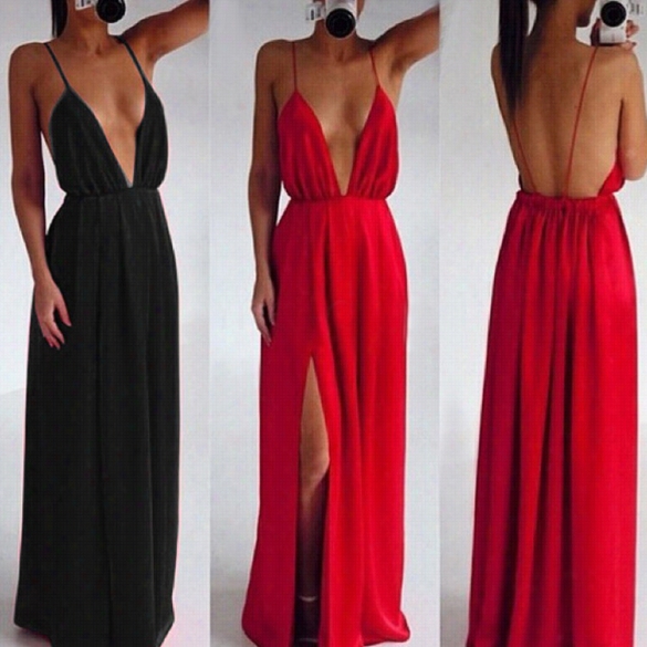 High Qualiyt New Stylish Women Sleeveless Sexy Deep V-neck Spaghetti Strap Bakless Slit Long Dress