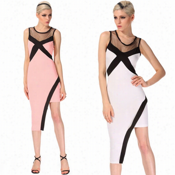 High Quaality Stylish Lady Sexy Women's Casual Mesh Patchwork Sleevelss O-neck High Waist Bodycon Party Irregular Dress