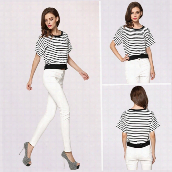 High Quality Styliish Lady Womens Fashion Casual Striped Loose Top Short Sleeve T-shirts