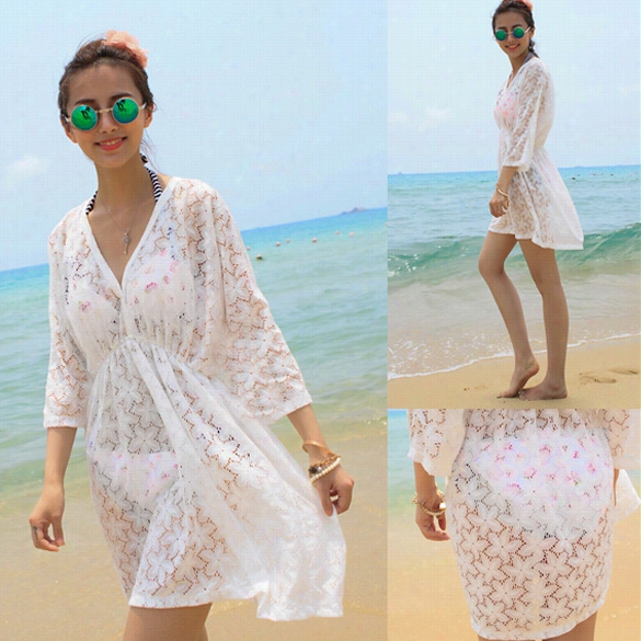 High Quality Women's Summer Hollow Lace Flower Swimwear Bkini Cover Up Beach Dres