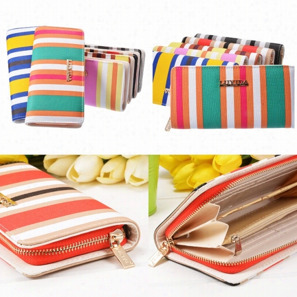 Hot Fashion Women Ladies Striped Zipper Around Wallet Clutch Multi-deck Organizer Synthetic Leather Long Purse