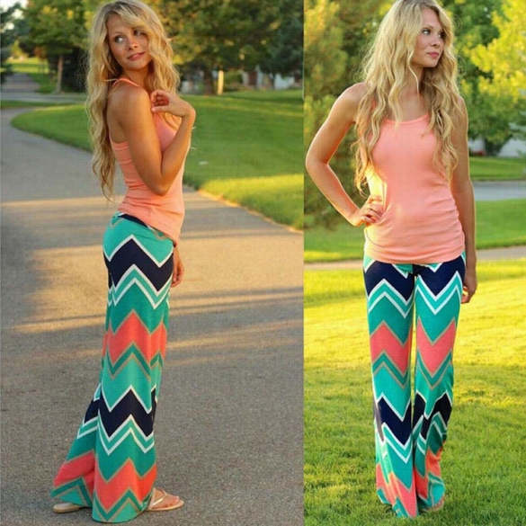 Hot Ladies Women's Asual Sstretch Pants Wide Leg Wave " Striped Long Loose Palazzo Trousers