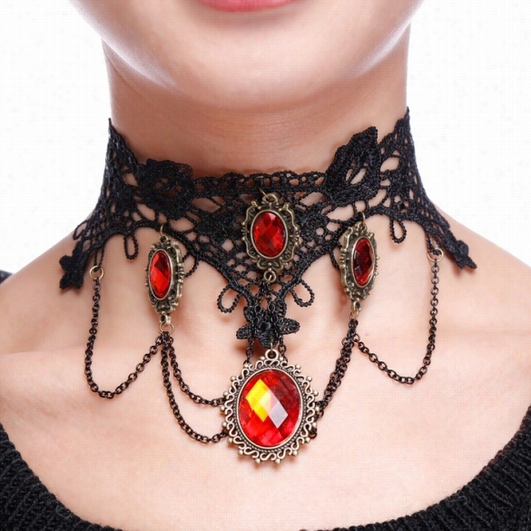 Hot Women Beads Rhinestone Lace C Ollar Necklace Red Crystal Pendant Chain