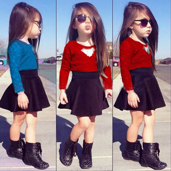 Kids Children Baby Girl Fashion Pair Pieces Hollow Lace Tops And Elastic Waist Solid A-line Skirt Set